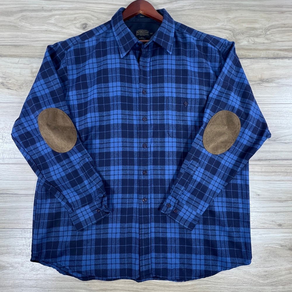 Pendleton Trail Shirt Mens XXL Blue Plaid Wool Elbow Patches Button Down l/s